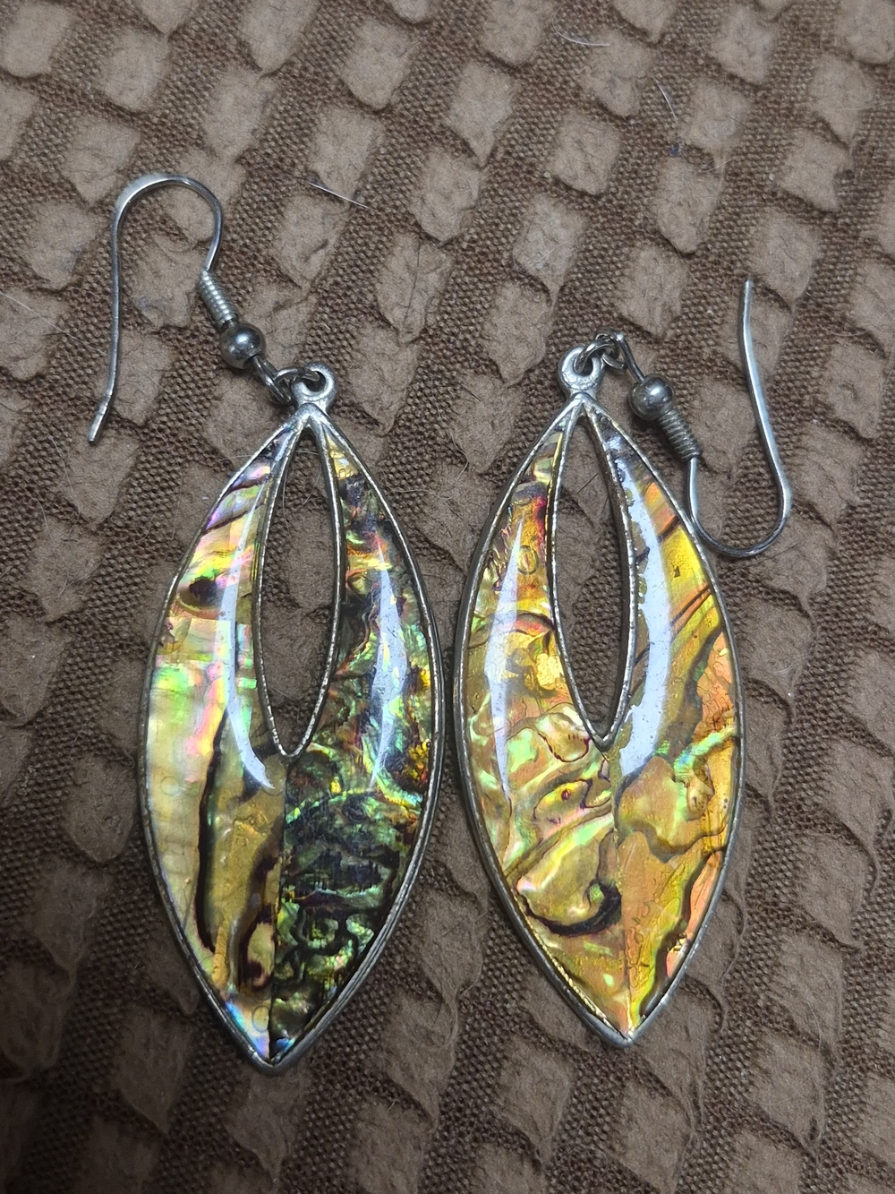 Vintage Open Marquise Prismatic Foil Inlay Dangle Earrings Gold Green
